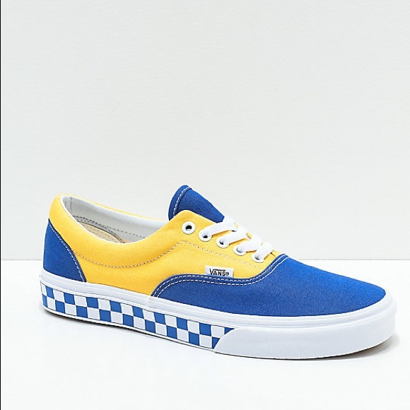 blue pink and yellow checkerboard vans
